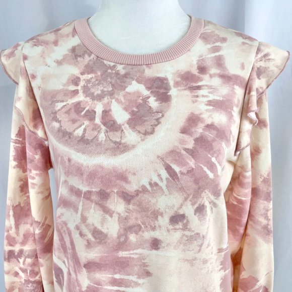 New Marled Tie Dye Ruffle Trim Long Sleeve Crewneck Sweatshirt Pink Size XS - Picture 2 of 16